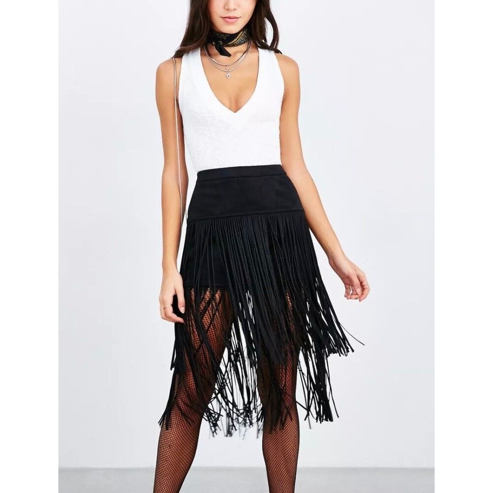 The Wallflower Grazing Faux Suede Fringe Midi Skirt